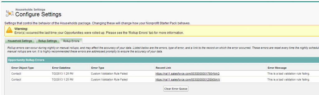 Households Package Rollup Error page in Households Settings tab
